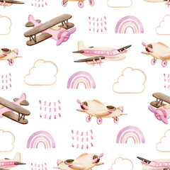 Pattern Seamless illustration with Pink Aircrafts, Watercolor seamless background for Kids. Cute Print for childish textile design or wallpaper