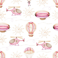 Pattern Seamless illustration with Pink Aircrafts, Watercolor seamless background for Kids. Cute Print for childish textile design or wallpaper