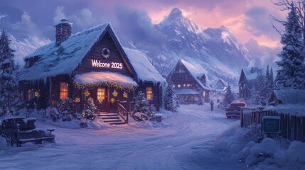 Fototapeta premium Cozy Winter Village Scene Snow Covered Cabins Mountains 2025 Welcome