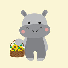 Playful Hippos with Sunflowers Illustration