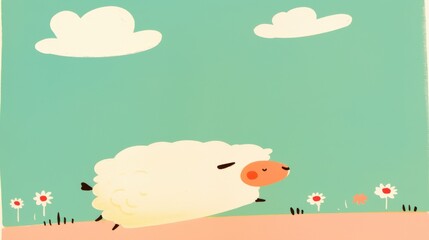 Naklejka premium Sheep watercolor concept. Playful Sheep Doodle Rolling in Grassy Meadow Surrounded by Flowers and Clouds