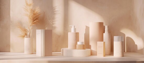 Obraz premium Beige cosmetic products on shelf with pampas grass.