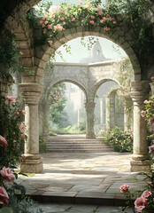 Fototapeta premium Enchanting Stone Arches in a Lush Garden with Blooming Pink Roses and Ambient Sunlight