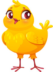 Cartoon newborn yellow chick cheerful character. Spring newborn small hen bird happy mascot, Easter holiday little chicken animal or farm chick cartoon vector personage, spring bird cheerful character