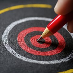 Close-up of a hand precisely hitting the bullseye of a target drawn on a dark surface with a red pencil.
