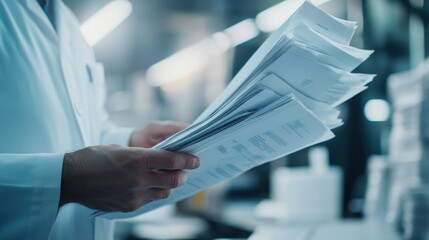 Scientist reviewing a stack of research papers in a laboratory.
