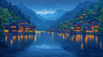 Fototapeta premium Night scene of village nestled in mountains beside calm lake.