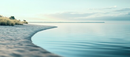 Obraz premium Serene coastal scene at dawn, tranquil waters meeting sandy shore with grass.