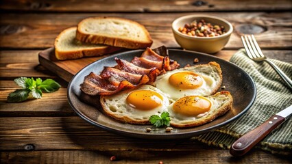 A hearty breakfast plate featuring fried eggs, crispy bacon, and toasted bread served on a rustic wooden table