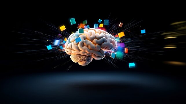 Vibrant 3D Render: Colorful Cubes Exploding from a Human Brain. AI Generated