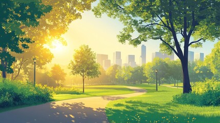Fototapeta premium Sunlit park path with city skyline.