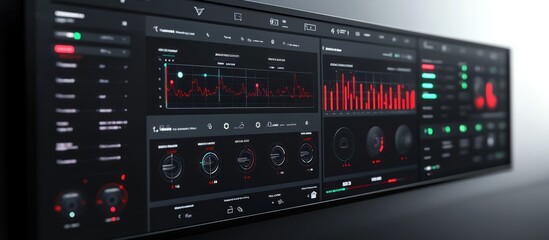 Naklejka premium Futuristic digital dashboard display with graphs and data visualization on a large screen.