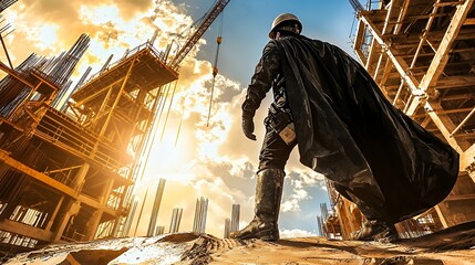 Construction worker in a cape, a superhero of building, standing tall amidst a construction site during a vibrant sunset, showcasing determination and strength in his work.
