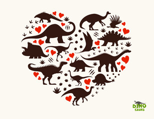 Prehistoric dinosaur silhouettes in heart shape, vector dino animals and reptiles. Jurassic triceratops, argentavis, styracosaurus and polacanthus dinosaurs, footprints and claw marks silhouettes