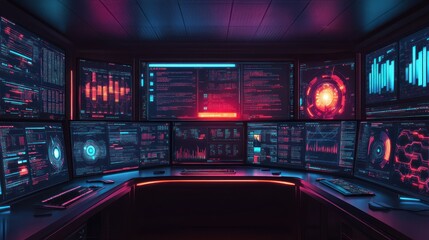 Obraz premium Futuristic control room with multiple monitors displaying data.