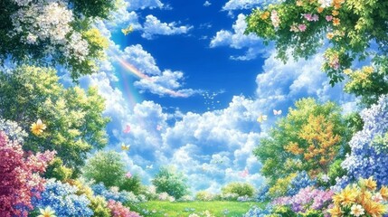 Fototapeta premium Springtime Fantasy Blossoming Garden, Rainbow Sky