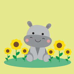 Playful Hippos with Sunflowers Illustration