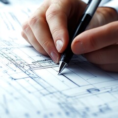 Close-up of hands reviewing blueprints with pen.