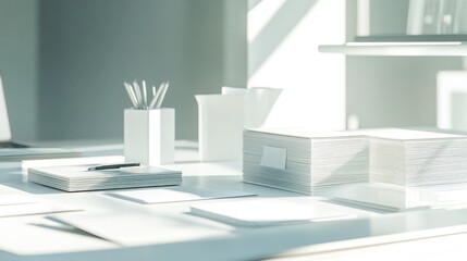 Fototapeta premium Minimalist white office desk with stationery, sunlight.