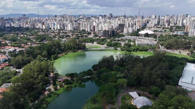 Aerial video above Parque Ibirapuera Sao Paulo on a sunny day