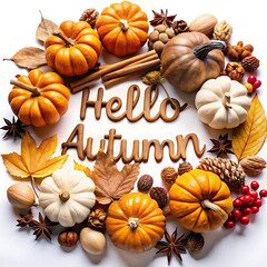 A white wooden background with the words 'Hello Autumn' in gold lettering, surrounded by pumpkins, fall leaves, nuts, and spices.