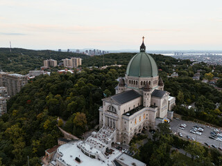Aerial view of St. Josephs Oratory of Mount Royal at Sunset in winter. Montreal, Quebec, Canada