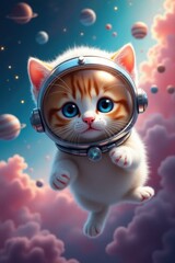 A delicate, balls-of-fluff kitten with oversized, shimmering sapphire eyes and a tiny pink nose, suspended in mid-air amidst a kaleidoscope of celestial bodies, sporting a miniature