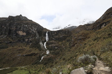 waterfall and snow in the mountains