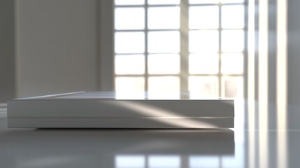 Fototapeta premium White rectangular device on reflective surface, sunlit window background.