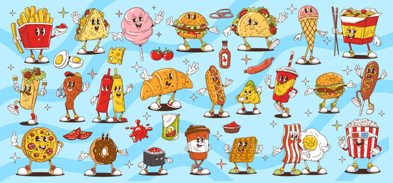 Cartoon retro groovy fast food characters, funny sandwiches and snacks, vector comic art. Groovy fast food characters of funky hot dog with freaky popcorn and pizza or quirky donut in retro cartoon