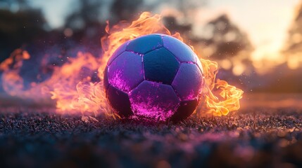 Fototapeta premium Fiery soccer ball on field at sunset.
