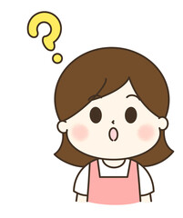 はてなと疑問を持つエプロンの女性の上半身のゆるかわイラスト