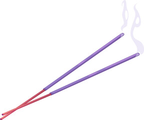 Cartoon two burning lavender incense sticks with purple stems, emitting light smoke. Natural healthy aromatherapy and home fragrance evokes a sense of calm, spirituality, and relaxation for meditation