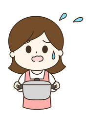 どうしようと困って汗をかいているエプロンの女性のゆるかわイラスト