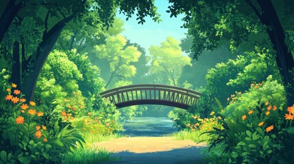 Serene forest bridge scene with lush greenery.