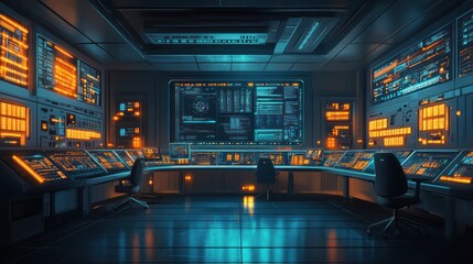 Obraz premium Futuristic control room with large monitors displaying data.