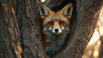 Fototapeta premium Red fox peering from a tree hollow, showing vibrant fur and intense eyes. Perfect for wildlife, nature, and animal themed projects.