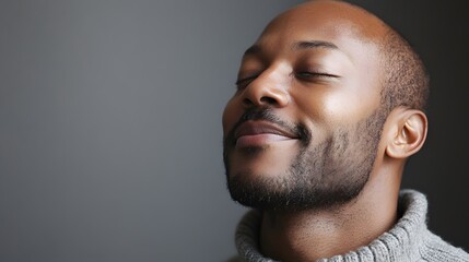 A man with a look of satisfaction, eyes closed and smiling, set against a neutral gray backdrop