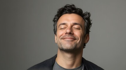 Obraz premium A man with a look of satisfaction, eyes closed and smiling, set against a neutral gray backdrop