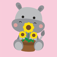 Playful Hippos with Sunflowers Illustration