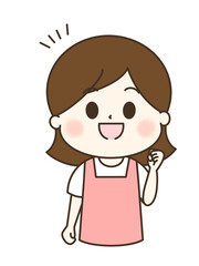 笑顔でガッツポーズをしているエプロンの女性のゆるかわイラスト