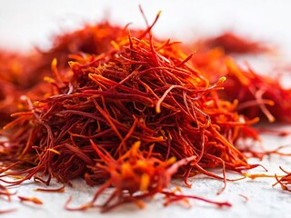 Fototapeta premium Luxurious Persian Saffron Stigmas: Aromatic Spice Close-up on White
