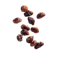 Falling raisins isolated on a transparent background, ultra-realistic high-resolution photograph, cinematic lighting.