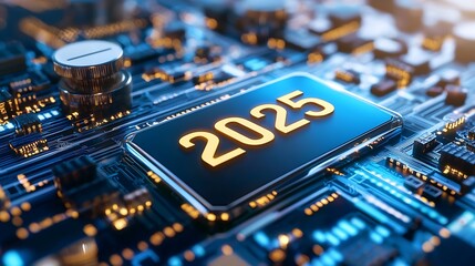 Radiant TAX 2025 Text in Bold Gold Hovering over a Futuristic Digital Circuit Board Background Depicting the Innovative and Transformative Finance Landscape of the Future