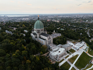 Aerial view of St. Josephs Oratory of Mount Royal at Sunset in winter. Montreal, Quebec, Canada