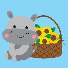 Playful Hippos with Sunflowers Illustration