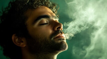 A man with a look of relaxation, deep breath taken, with a soft green background behind him