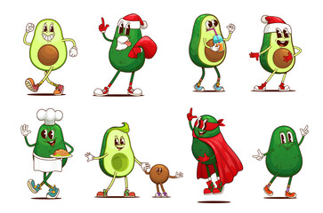 Groovy mexican avocado characters, retro hippie fruit food vector personages of funny Santa Claus, superhero and chef. Cartoon groovy avocados with baby seed, Santa red hat and bag, hero cape, mask