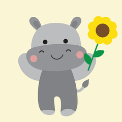 Playful Hippos with Sunflowers Illustration