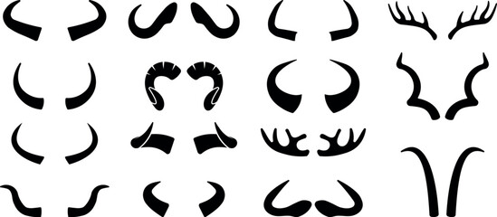 Set of different animal horn silhouettes on white background